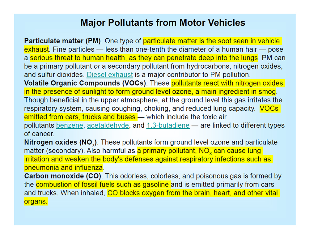 Major Pollutants from Motor Vehicles