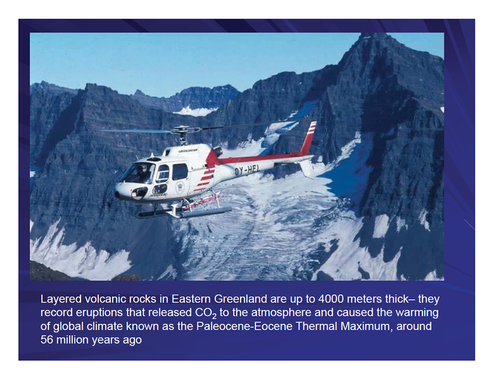 Layered volcanic rocks in Eastern Greenland are up to 4000 meters thick