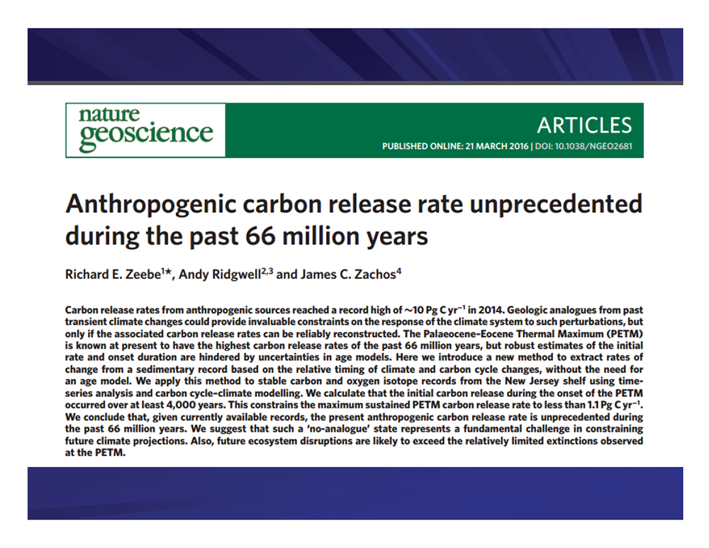Anthropogenic carbon release rate unprecedented during the past 66 million years